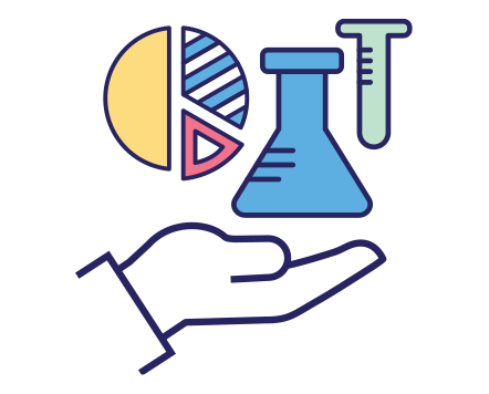 An illustration of a hand reaching out, holding a test tube, beaker, and a pie chart