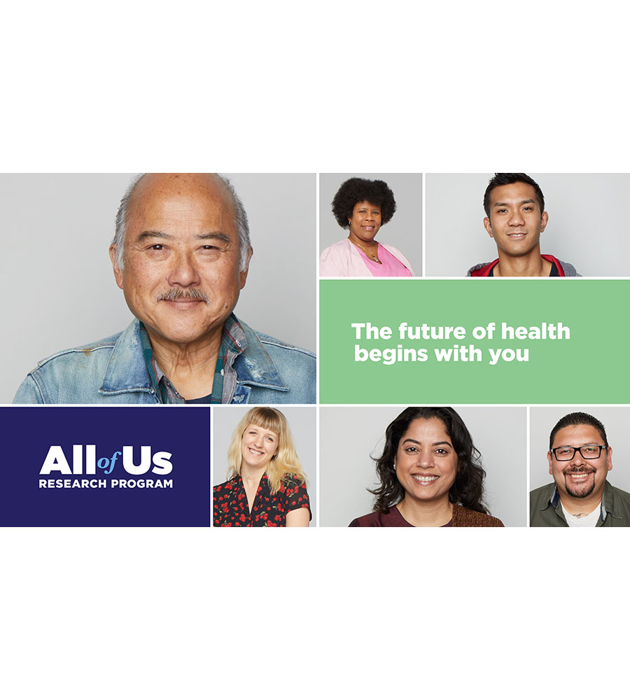 Collage with text and five images of smiling people showing some of the rich diversity of the United States. Text on the image reads All of Us Research Program and The future of health begins with you