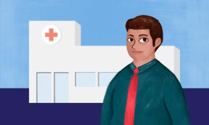 illustration of a white hospital with a red cross and light blue windows over a split light and dark blue background and male figure in front