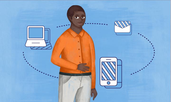illustrations of a light blue laptop, an envelope, and a phone connected by a dotted circle with male figure in center.